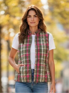 I.B. Diffusion Zip Front Vest Plaid Green/Pink Sz M